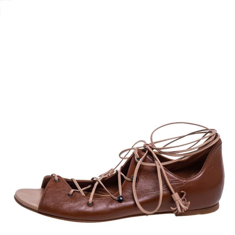 Pre Owned Malone Souliers Brown Leather Savannah Ankle Wrap Flats Size 41