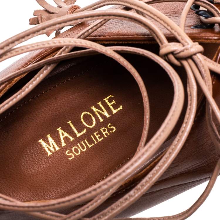 Pre Owned Malone Souliers Brown Leather Savannah Ankle Wrap Flats Size 41