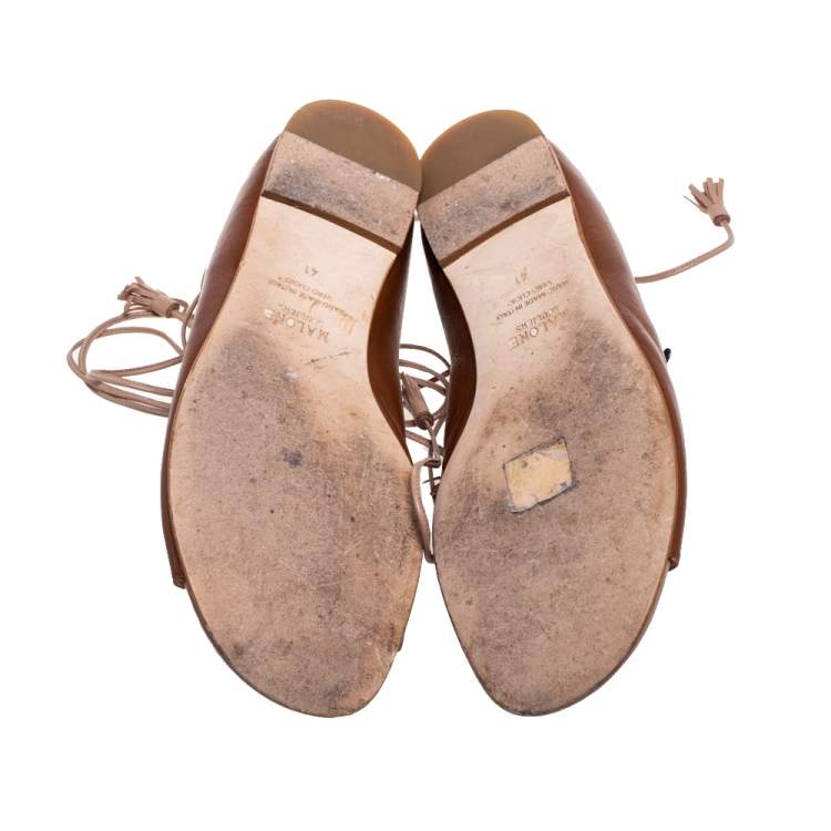 Pre Owned Malone Souliers Brown Leather Savannah Ankle Wrap Flats Size 41