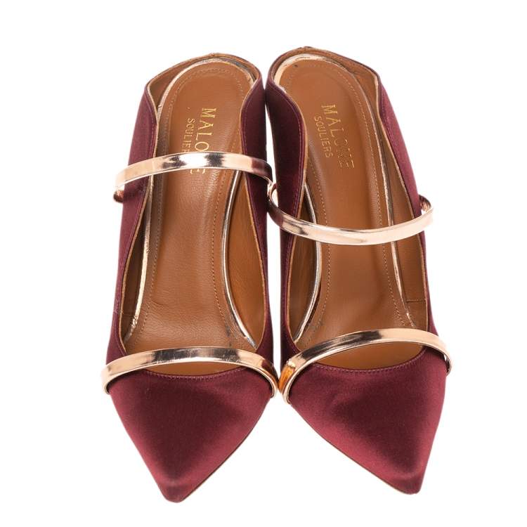 Pre Owned Malone Souliers Burgundy Satin Maureen Pointed Toe Mules Size 38 