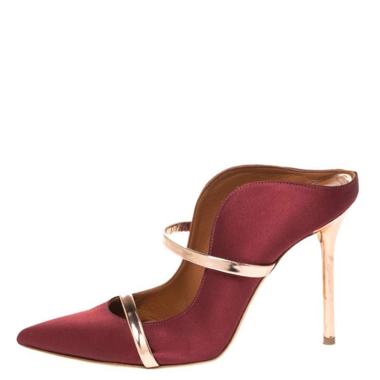 Pre Owned Malone Souliers Burgundy Satin Maureen Pointed Toe Mules Size 38 