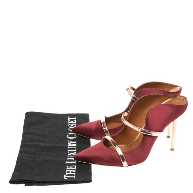 Pre Owned Malone Souliers Burgundy Satin Maureen Pointed Toe Mules Size 38 