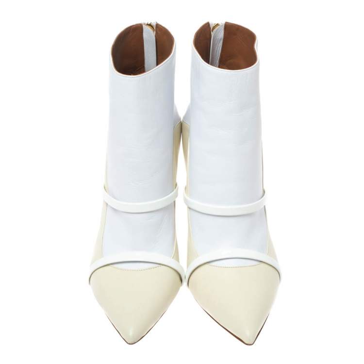 Pre Owned Malone Souliers Cream/White Leather Madison Pointed Toe Ankle Boots Size 40.5