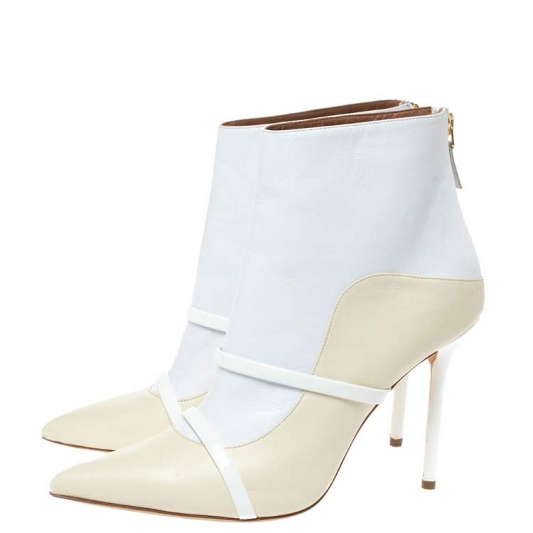 Pre Owned Malone Souliers Cream/White Leather Madison Pointed Toe Ankle Boots Size 40.5