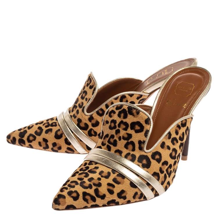 Pre Owned Malone Souliers Brown Leapord Print Pony Hair Hayley Mules Size 38.5
