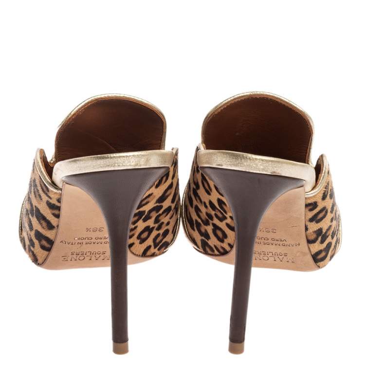 Pre Owned Malone Souliers Brown Leapord Print Pony Hair Hayley Mules Size 38.5