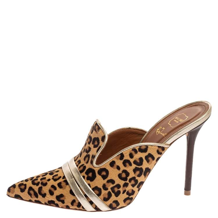 Pre Owned Malone Souliers Brown Leapord Print Pony Hair Hayley Mules Size 38.5