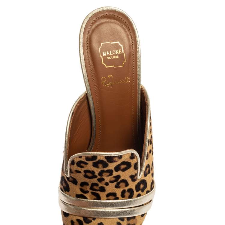 Pre Owned Malone Souliers Brown Leapord Print Pony Hair Hayley Mules Size 38.5