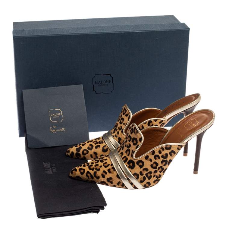 Pre Owned Malone Souliers Brown Leapord Print Pony Hair Hayley Mules Size 38.5