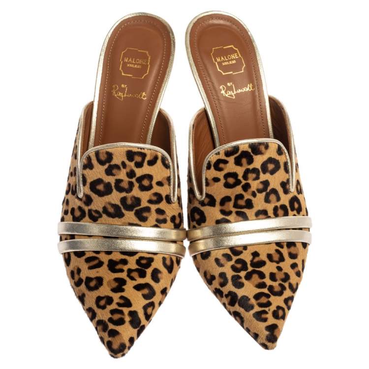 Pre Owned Malone Souliers Brown Leapord Print Pony Hair Hayley Mules Size 38.5