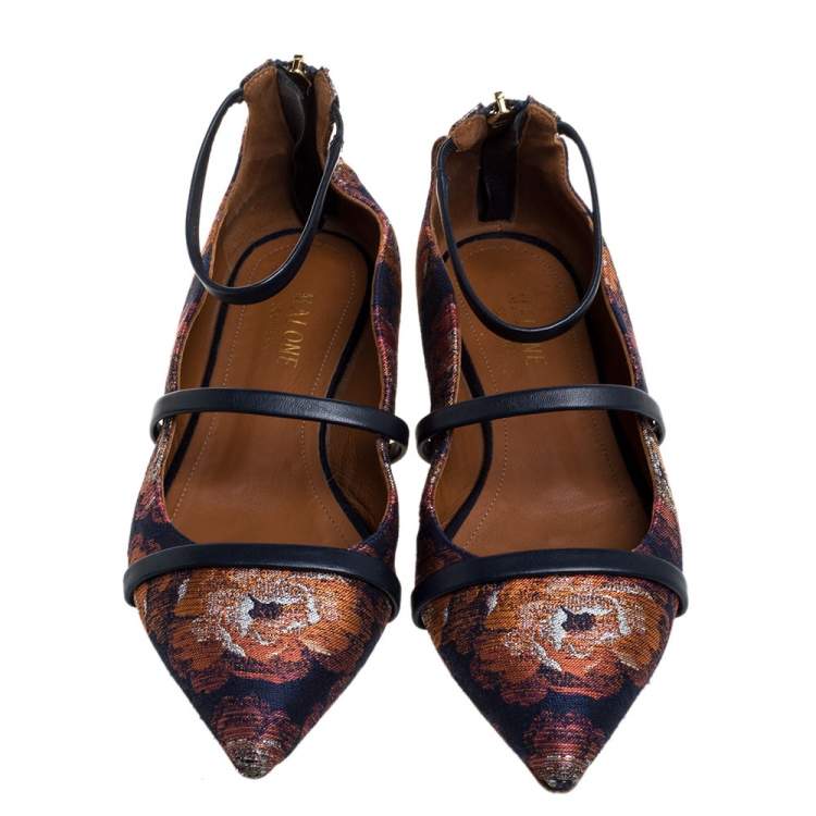 Pre Owned Malone Souliers Multicolor Brocade Fabric Robyn Pointed Toe Ankle Cuff Ballet Flat Size 36