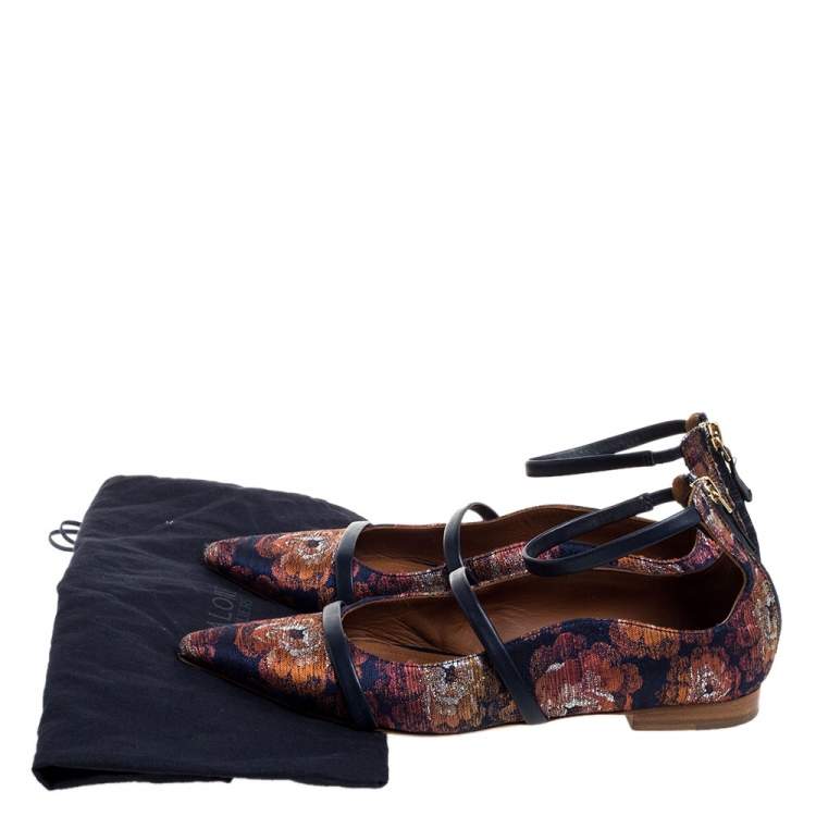 Pre Owned Malone Souliers Multicolor Brocade Fabric Robyn Pointed Toe Ankle Cuff Ballet Flat Size 36