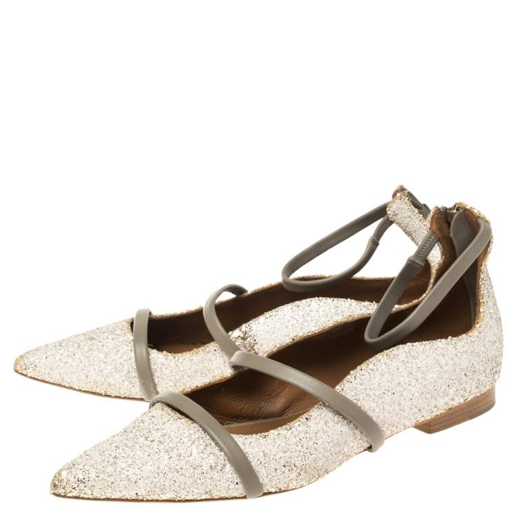 Pre Owned Malone Souliers Grey/Off White Leather and Glitters Robyn Pointed Toe Flats Size 36