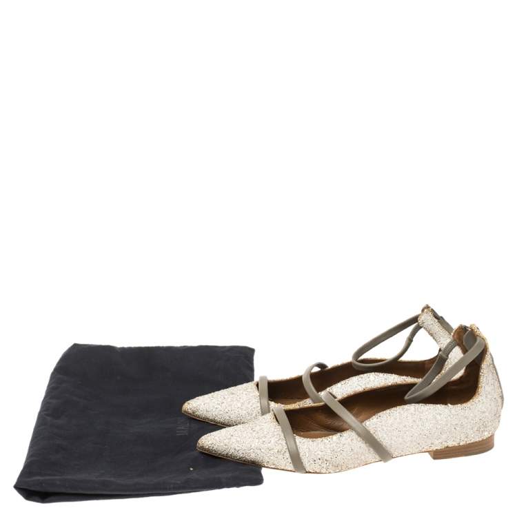 Pre Owned Malone Souliers Grey/Off White Leather and Glitters Robyn Pointed Toe Flats Size 36