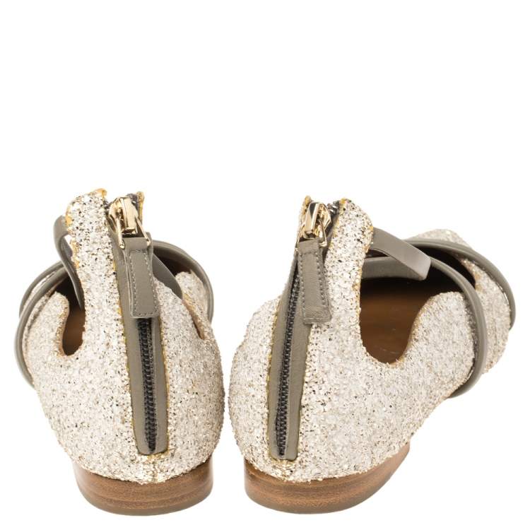 Pre Owned Malone Souliers Grey/Off White Leather and Glitters Robyn Pointed Toe Flats Size 36