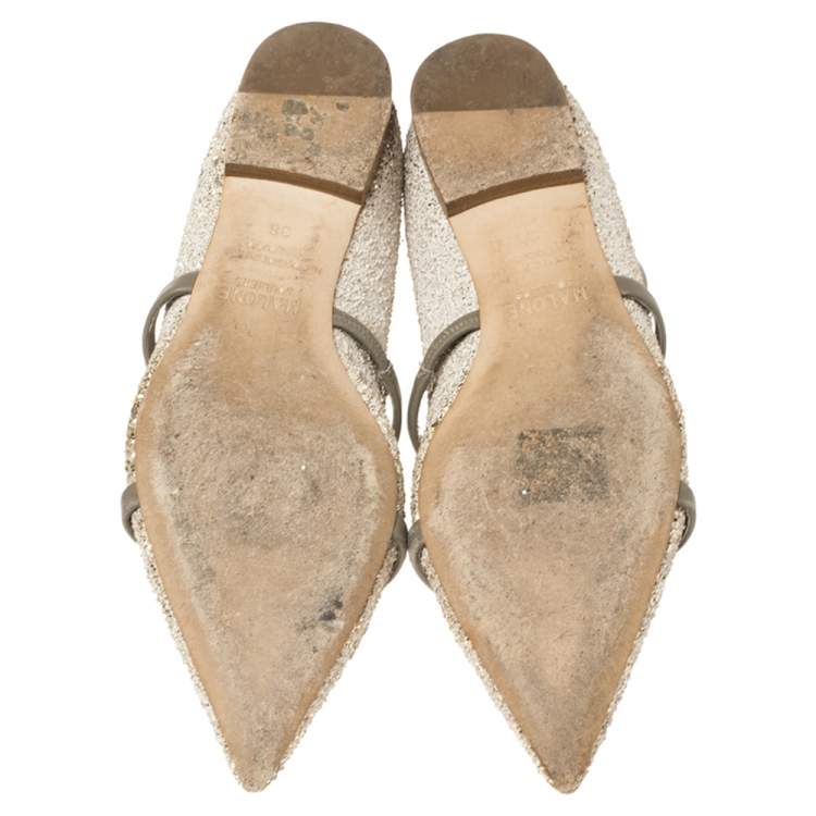 Pre Owned Malone Souliers Grey/Off White Leather and Glitters Robyn Pointed Toe Flats Size 36