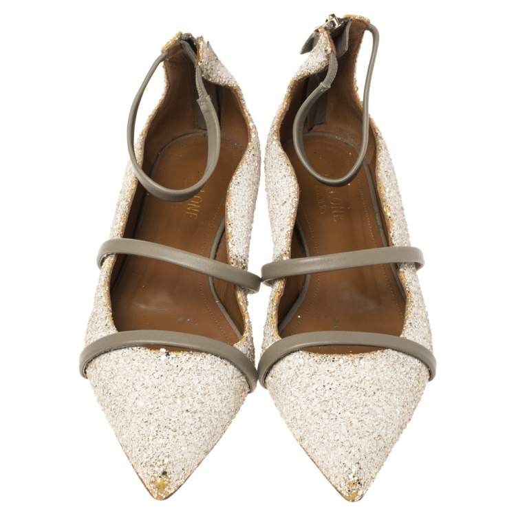 Pre Owned Malone Souliers Grey/Off White Leather and Glitters Robyn Pointed Toe Flats Size 36