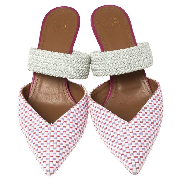 Pre Owned Malone Souliers Multicolor Woven Raffia and Cord Maisie Pointed Toe Mules Size 38.5