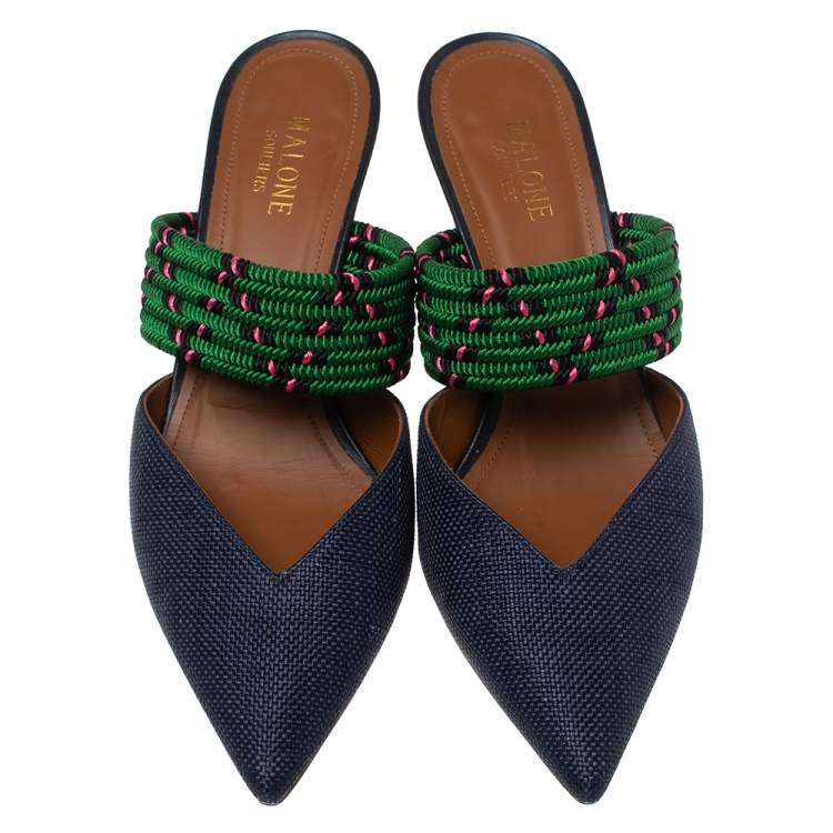 Pre Owned Malone Soulider Blue/Multicolor Straw and Chord Maisie Pointed Toe Mules Size 38