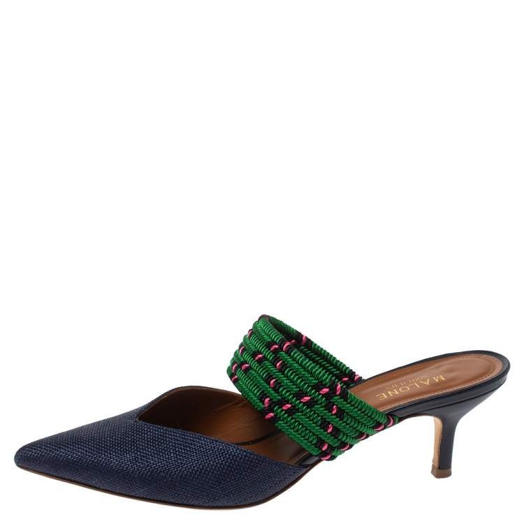 Pre Owned Malone Soulider Blue/Multicolor Straw and Chord Maisie Pointed Toe Mules Size 38