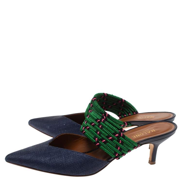 Pre Owned Malone Soulider Blue/Multicolor Straw and Chord Maisie Pointed Toe Mules Size 38