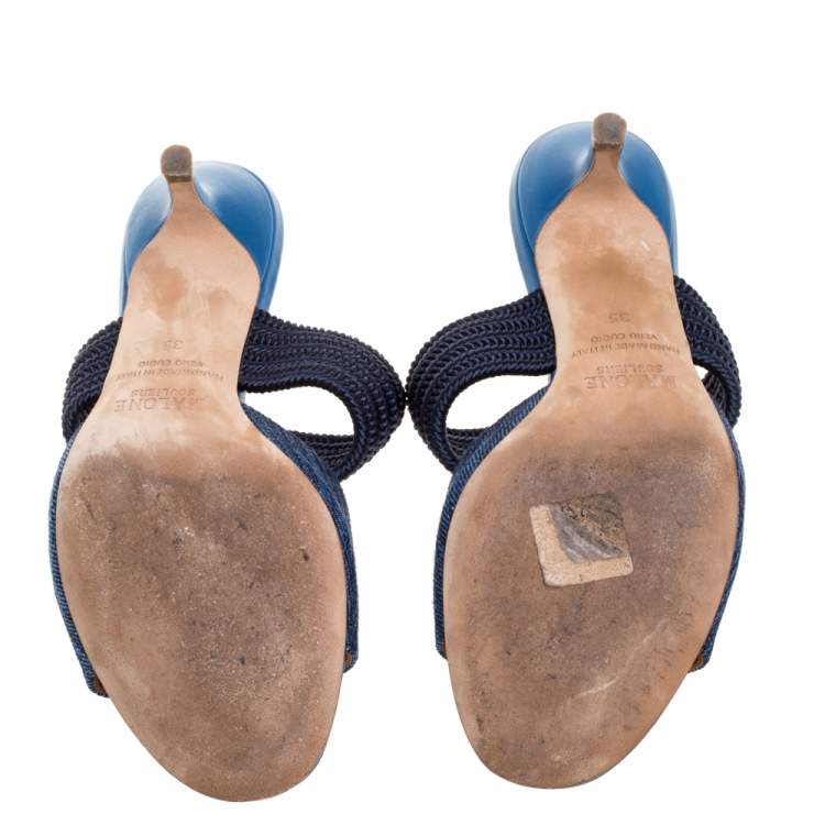 Pre Owned Malone Souliers Blue Fabric Milena Slide Sandals Size 35