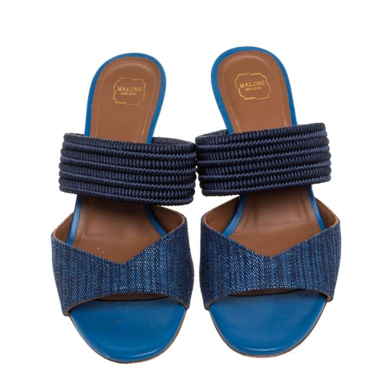 Pre Owned Malone Souliers Blue Fabric Milena Slide Sandals Size 35