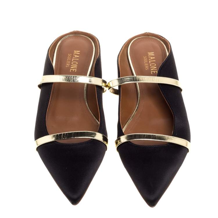 Pre Owned Malone Souliers Black Satin Maureen Mule Flats  Size 36