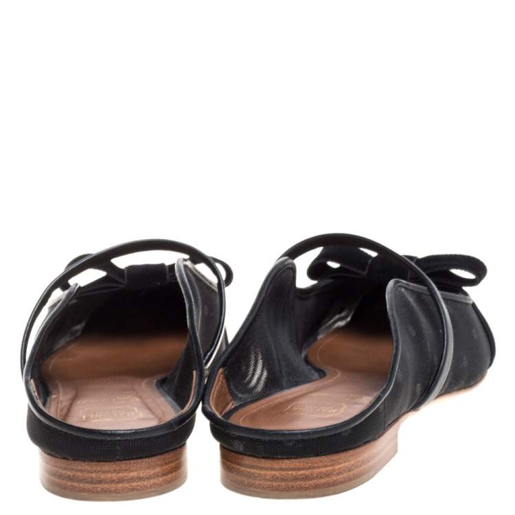 Pre Owned Malone Souliers By Roy Luwolt Black Mesh And Velvet Marguerite Bow Flat Mules Size 37.5