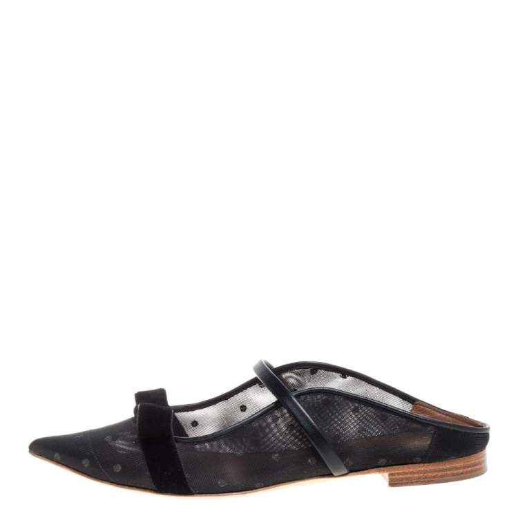 Pre Owned Malone Souliers By Roy Luwolt Black Mesh And Velvet Marguerite Bow Flat Mules Size 37.5