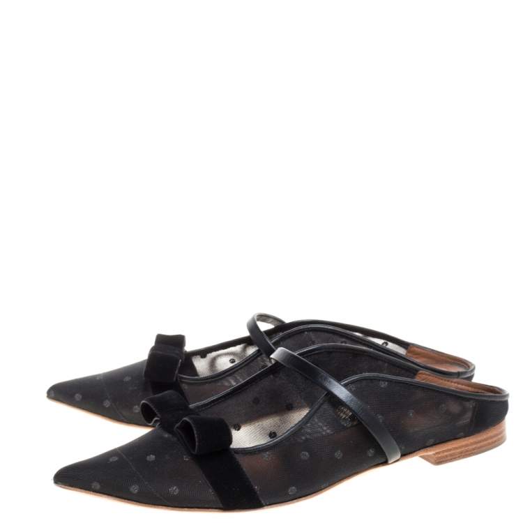 Pre Owned Malone Souliers By Roy Luwolt Black Mesh And Velvet Marguerite Bow Flat Mules Size 37.5