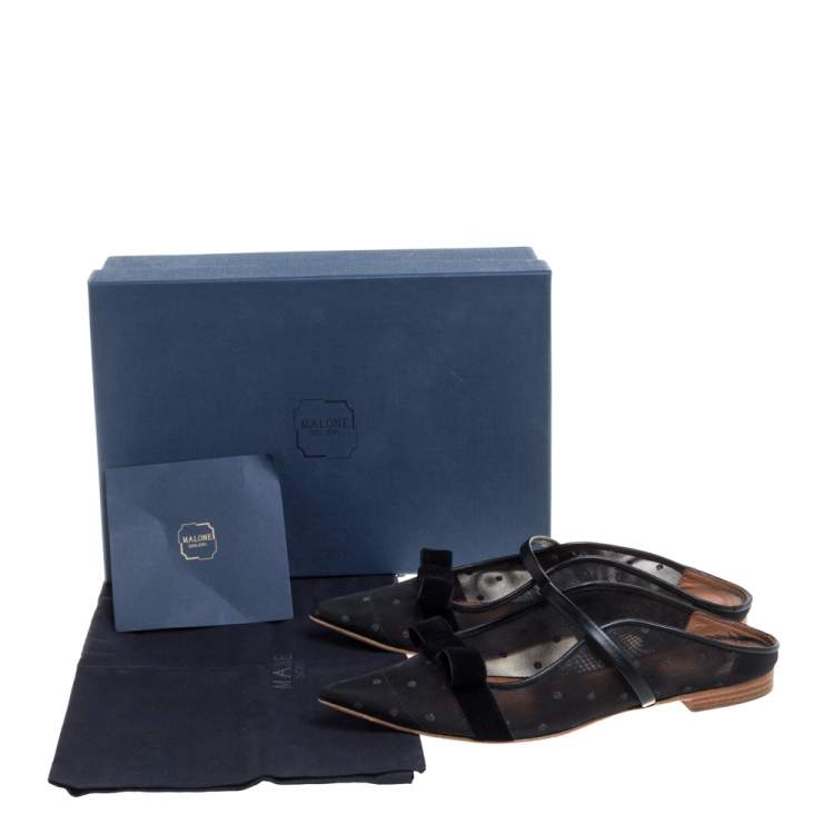 Pre Owned Malone Souliers By Roy Luwolt Black Mesh And Velvet Marguerite Bow Flat Mules Size 37.5