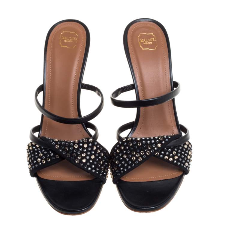 Pre Owned Malone Souliers Black Leather and Suede Tasham Crystal Embellished Slide Sandals Size 38
