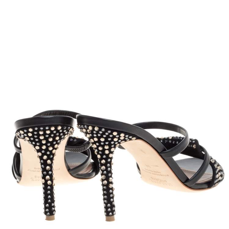 Pre Owned Malone Souliers Black Leather and Suede Tasham Crystal Embellished Slide Sandals Size 38