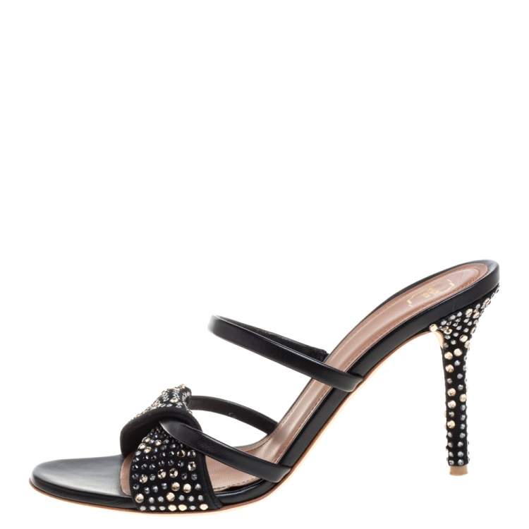 Pre Owned Malone Souliers Black Leather and Suede Tasham Crystal Embellished Slide Sandals Size 38