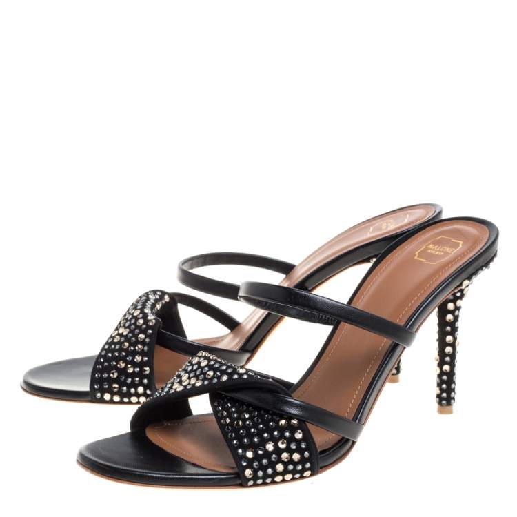 Pre Owned Malone Souliers Black Leather and Suede Tasham Crystal Embellished Slide Sandals Size 38