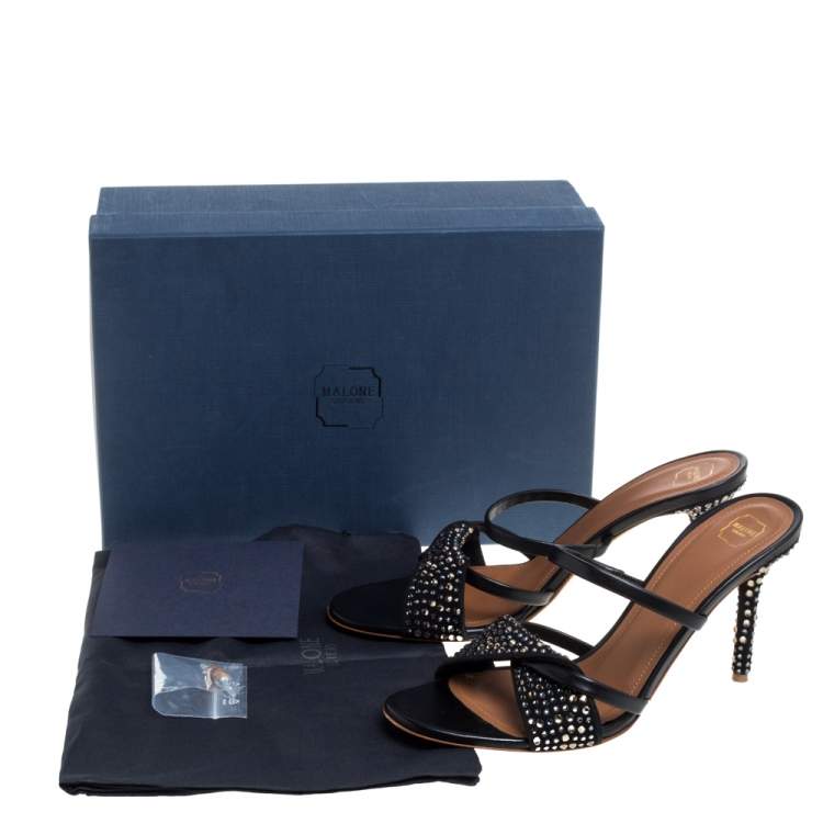 Pre Owned Malone Souliers Black Leather and Suede Tasham Crystal Embellished Slide Sandals Size 38