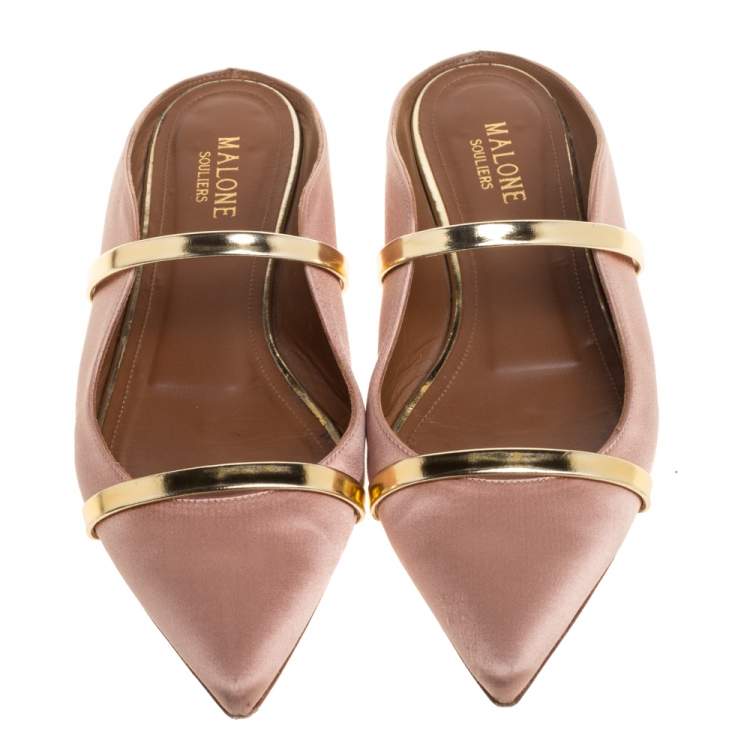 Pre Owned Malone Souliers Beige/Gold Satin Maureen Pointed Toe Flats Size 37.5