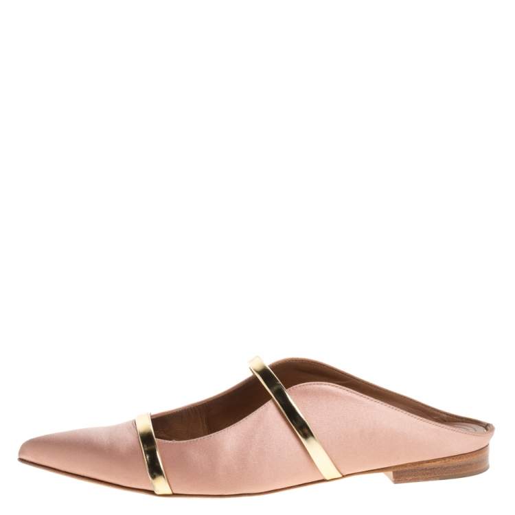 Pre Owned Malone Souliers Beige/Gold Satin Maureen Pointed Toe Flats Size 37.5
