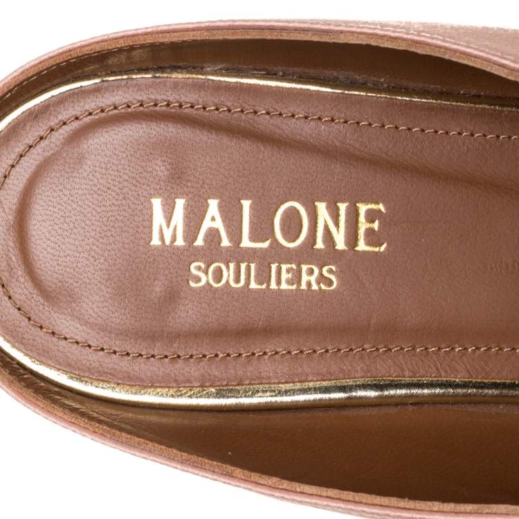 Pre Owned Malone Souliers Beige/Gold Satin Maureen Pointed Toe Flats Size 37.5