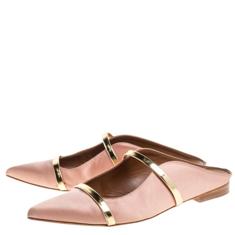 Pre Owned Malone Souliers Beige/Gold Satin Maureen Pointed Toe Flats Size 37.5