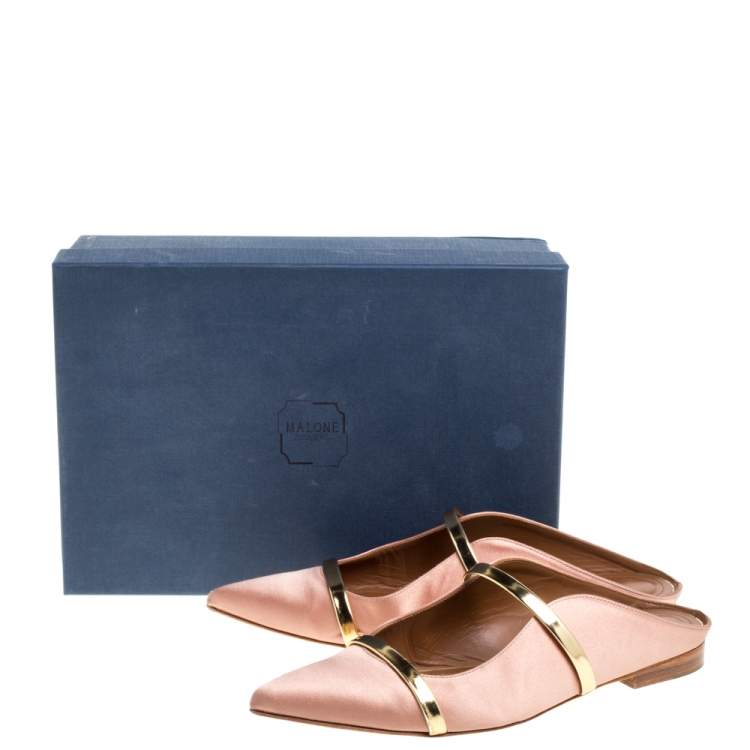 Pre Owned Malone Souliers Beige/Gold Satin Maureen Pointed Toe Flats Size 37.5