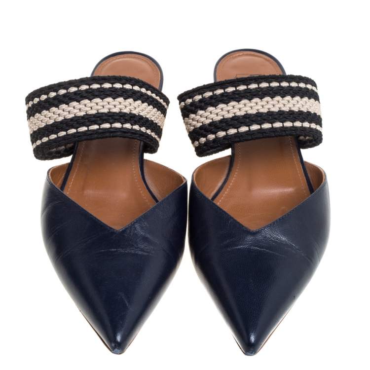 Pre Owned Malone Souliers Navy Blue Leather Maisie Pointed Toe Flat Mules Size 37.5