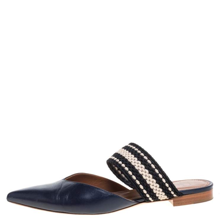 Pre Owned Malone Souliers Navy Blue Leather Maisie Pointed Toe Flat Mules Size 37.5