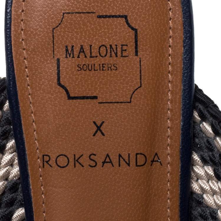 Pre Owned Malone Souliers Navy Blue Leather Maisie Pointed Toe Flat Mules Size 37.5
