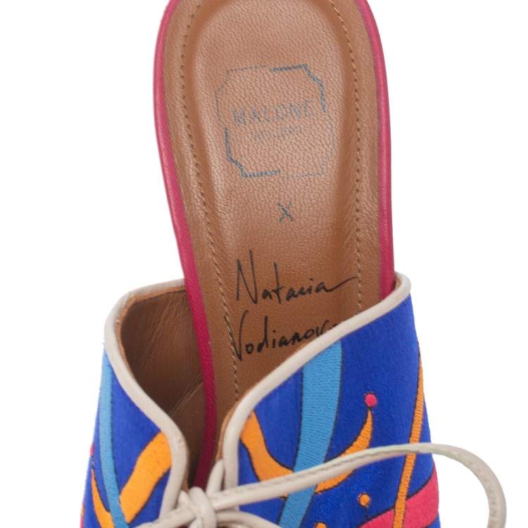 Pre Owned Malone Souliers Blue Satin Embroidered Peep Toe Lace Up Slide Mules Size 36