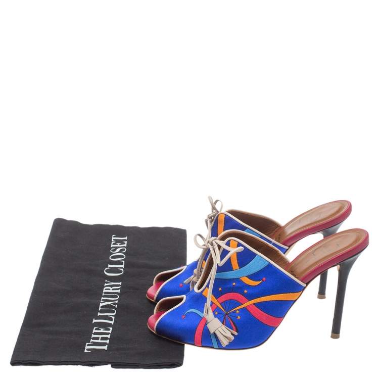 Pre Owned Malone Souliers Blue Satin Embroidered Peep Toe Lace Up Slide Mules Size 36