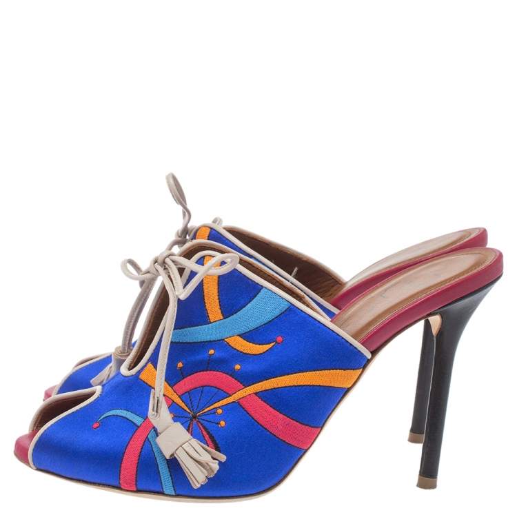 Pre Owned Malone Souliers Blue Satin Embroidered Peep Toe Lace Up Slide Mules Size 36