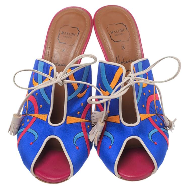 Pre Owned Malone Souliers Blue Satin Embroidered Peep Toe Lace Up Slide Mules Size 36