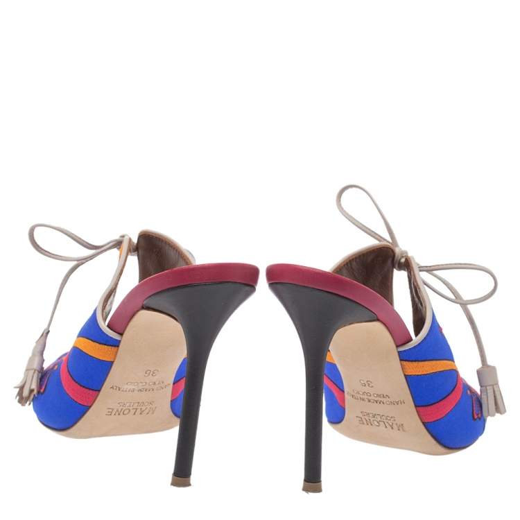 Pre Owned Malone Souliers Blue Satin Embroidered Peep Toe Lace Up Slide Mules Size 36